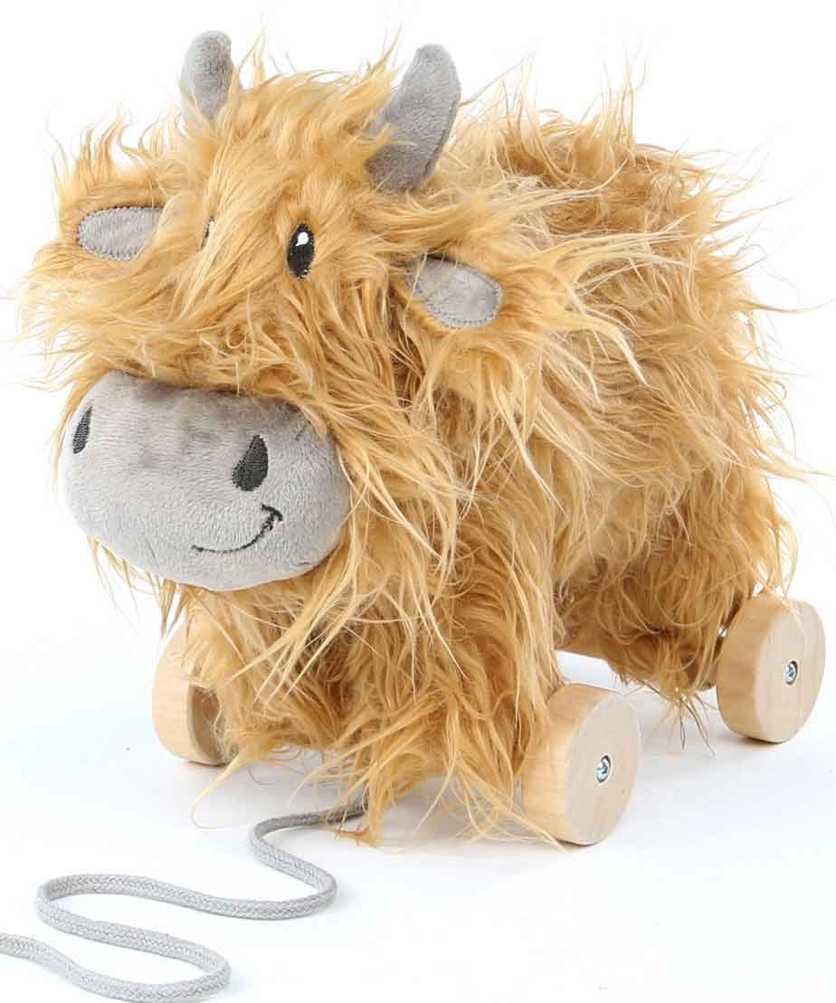 Little Bird Told Me - Hubert Highland Cow Pull Along Toy for Baby 6+ Months Unisex - 2-in-1 Soft Toy, Removable Wheels, Sensory Plush Fabric - British Brand Since 2007