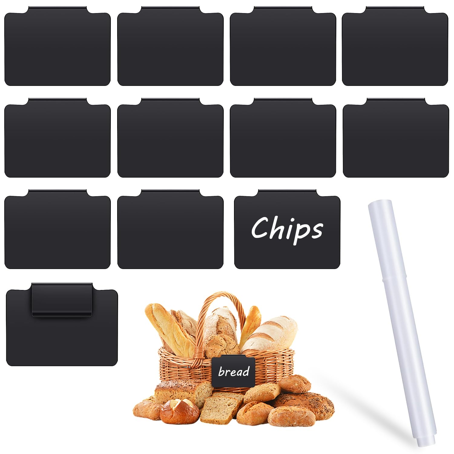 12PCS Plastic Basket Bin Label Clip, Labels for Storage Bins, Removable Basket Chalkboard Labels for Kitchen Storage Bins Clip Label Holder with Chalk Marker for Basket Pantry Organization Box