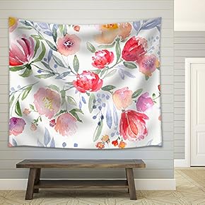 Illustration - Watercolor Floral Botanical Pattern and Seamless Background - Fabric Wall Tapestry Home Decor - 51x60 inches