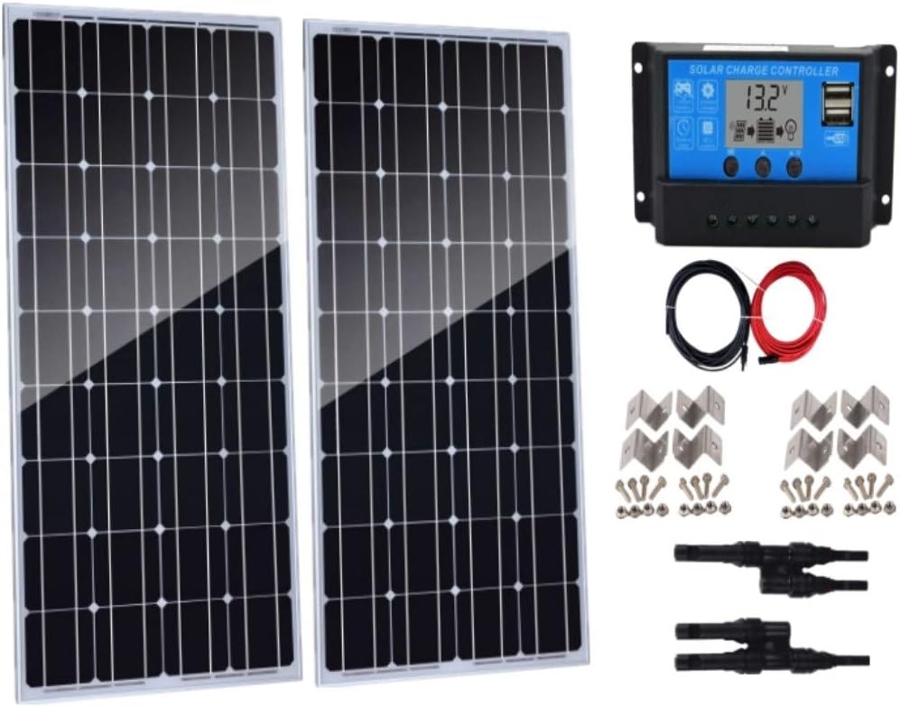 AUECOOR 200 Watt Monocrystalline Off Grid Portable 2Pcs 100w Solar Panel with Waterproof 20A LCD Charger Controller Battery Charging