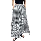 Womens Plaid Pants Black and White Checkered Skirt Pants Elastic Waist Wide Leg Flowy Palazzo with Pockets Casual Trousers