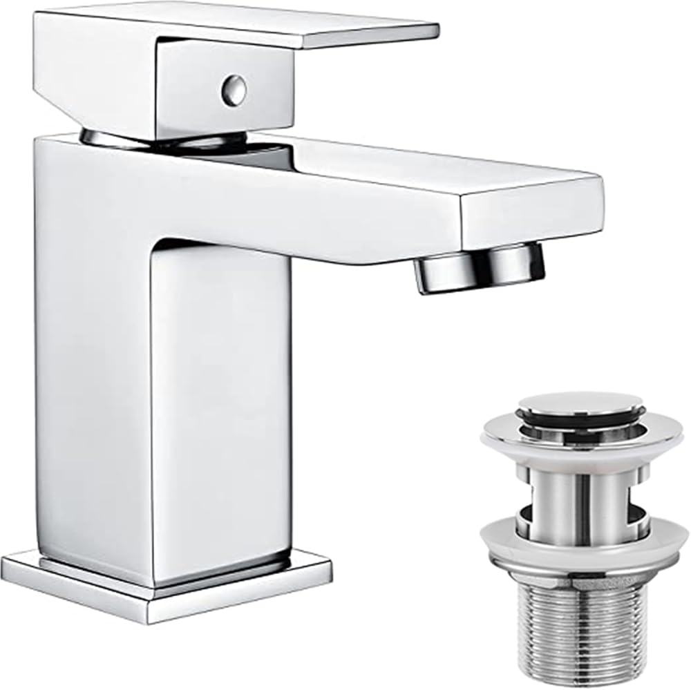 Hapilife Basin Taps Square with Pop Up Waste UK Standard Hoses Single Lever