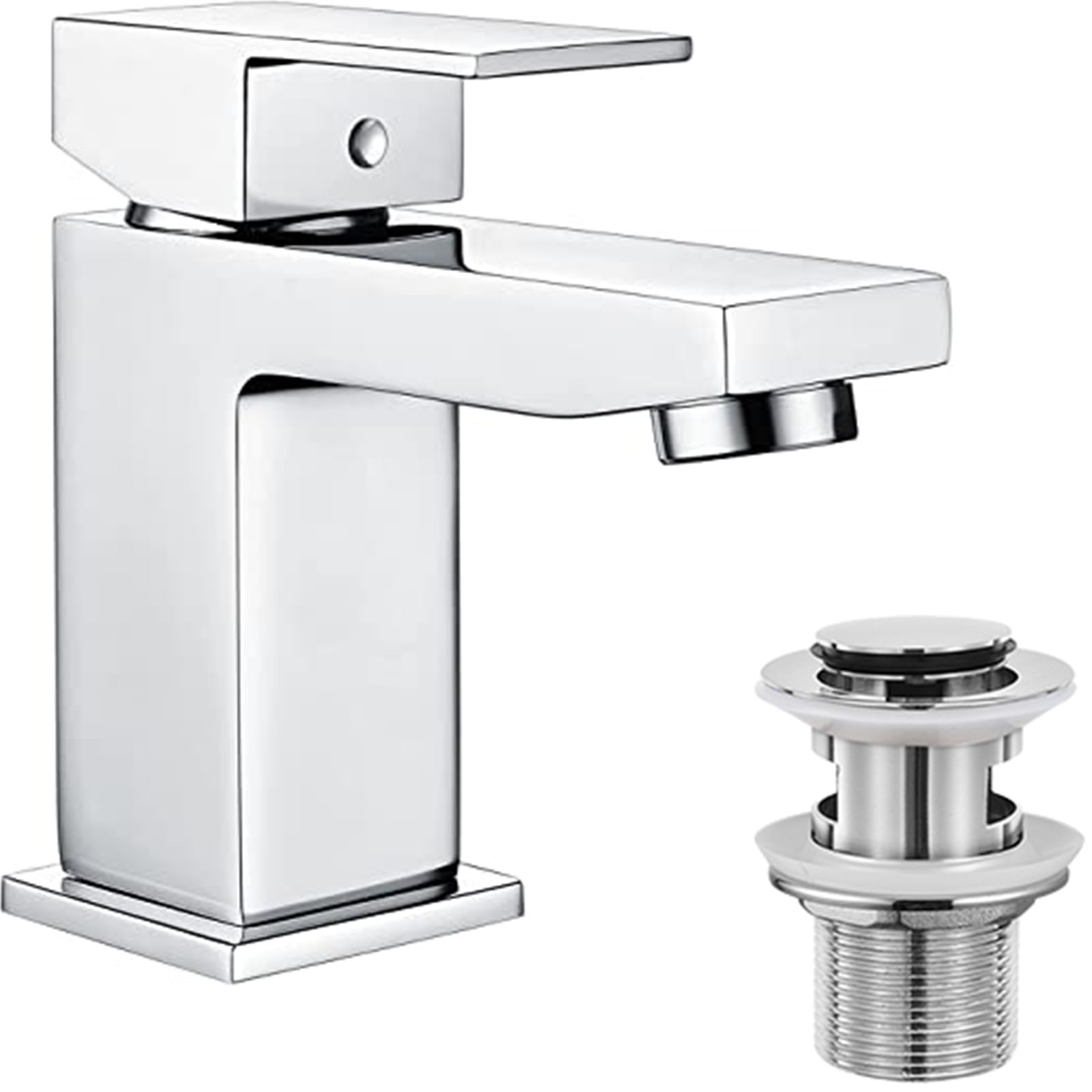 Hapilife Basin Taps Square with Pop up Waste Bathroom Sink Mixer Taps with UK Standard Hoses, Single Lever Hot and Cold Basin Mixer Tap for Bathrooms