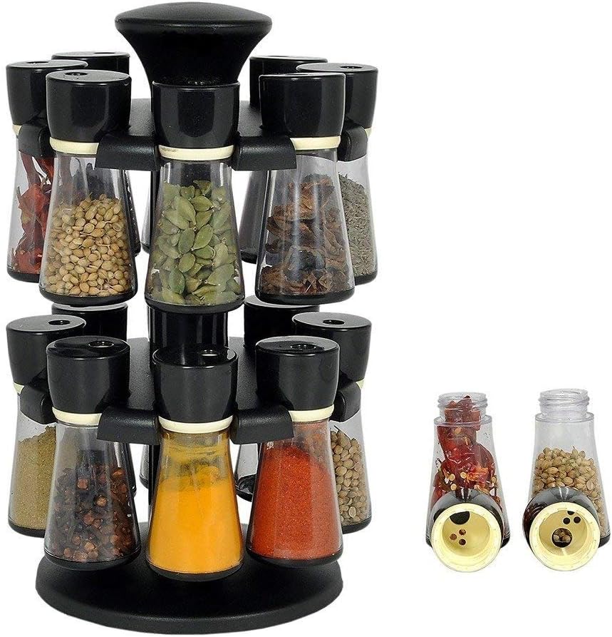 AS Kitchenware Multipurpose Revolving Plastic Spice Rack (Black, 120 ml) 16 Piece Condiment Set