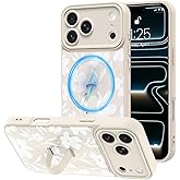 BF2JK Magnetic Case for iPhone 17 Pro with Finger Hand Strap Kickstand [Compatible with Magsafe] Cute Aesthetic Floral Flower for Women Men, Full Camera Protection Shockproof Cover, White