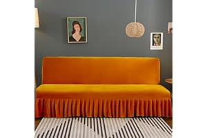 Yefound Stretch Armless Futon Cover with Skirt Ruffled Stretch Futon Sofa Bed Cover Machine Washable Futon Couch Cover Futon Sofa Cover Furniture Bed Protector,Orange,59"-67"