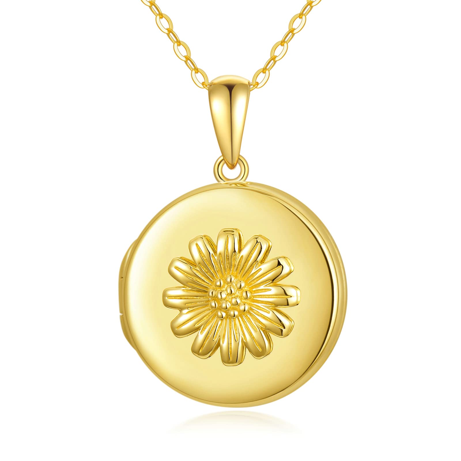 SISGEM 9 ct Gold Photo Necklace, Solid Yellow Gold 3D Daisy Locket Pendant Necklace, for Women Girls Ladies Mum Sisters, 46cm