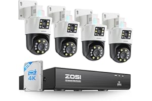ZOSI 4K Dual-Lens PoE Security Camera System, 4 x 4K 8MP Pan/Tilt (2x4MP) PoE 360 Camera Outdoor, Person/Vehicle Detect, Spotlight Siren, Color Night Vision, 8CH 8MP NVR with 2TB HDD (16CH Expandable)