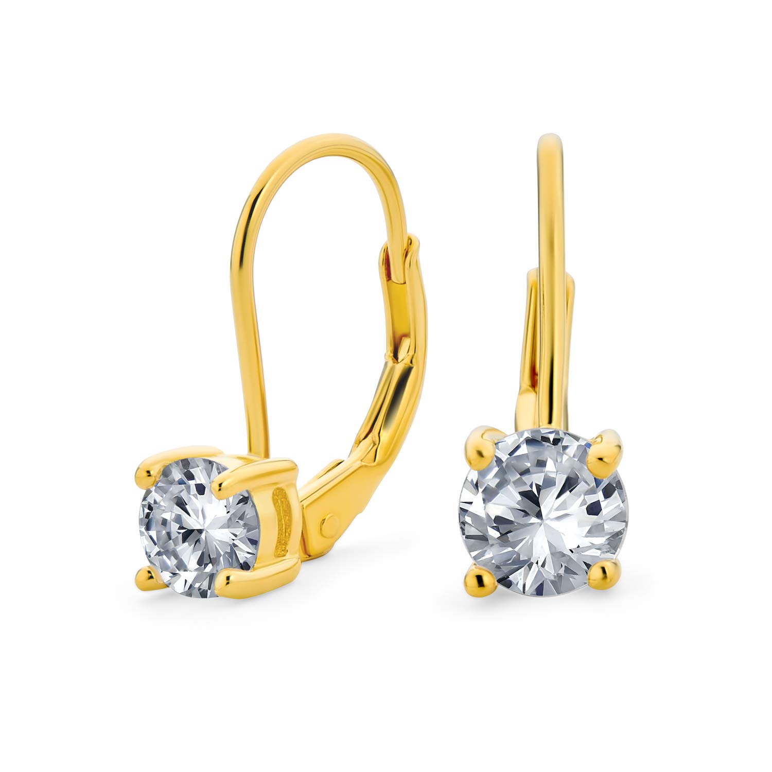 Traditional Bridal Round Brilliant Cut AAA CZ Solitaire Drop Earrings For Women Teens Yellow Gold Plated .925 Sterling Silver Leverback