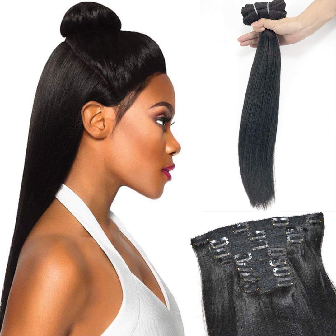 PangDongLai Italian Yaki Straight Clip in Human Hair Extensions 120g 7pcs/set 1B# color Double Weft Thick African Perm Yaki Clip in Remy Hair Extensions (22 inch, Perm Yaki)