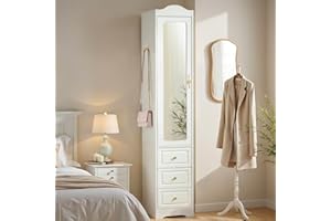 JanflyHome 69.5" H Armoire Wardrobe Closet, Wood Bedroom Armoires Cabinet with Mirror Door and 3 Drawers, White Clothing Storage Cabinet with Hanging Rod & Sensor Light for Bedroom(Left)