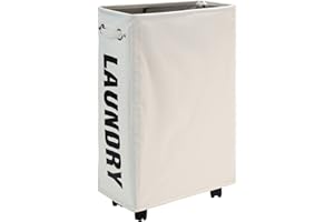 DOKEHOM 25-Inches Slim Laundry Basket on Wheels, Collapsible Rolling Laundry Hamper, Foldable Narrow Corner Clothes Storage Bins (Beige)