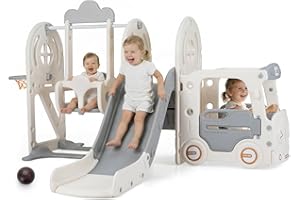 OLAKIDS Toddler Slide and Swing Set, 5 in 1 Bus Themed Baby Slide with Climber Basketball Hoop Car Playhouse for Indoor Outdo