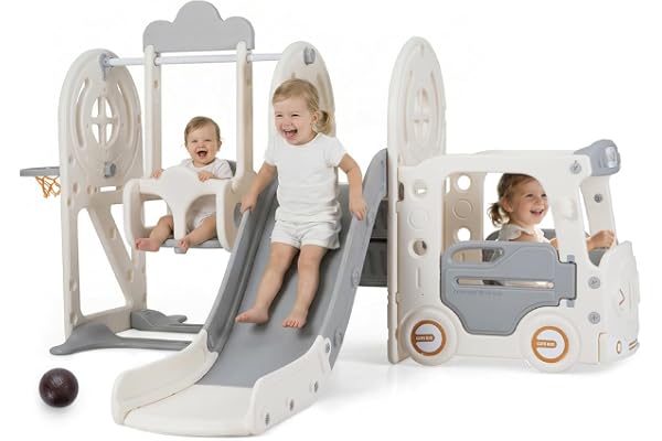 OLAKIDS Toddler Slide and Swing Set, 5 in 1 Bus Themed Baby Slide with Climber Basketball Hoop Car Playhouse for Indoor Outdo