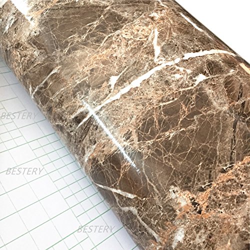BESTERY Brown Look Marble Self Adhesive Gloss Vinyl Wrap Film Kitchen Contact Paper Peel Stick Wallpaper Decor Shelf Liners 24''x79'' (Brown)