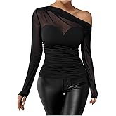 SweatyRocks Women's Off The Shoulder Sheer Mesh Long Sleeve Top Asymmetrical Neck Ruched Fitted Tees Shirt Tops