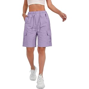 Bermuda Cargo Shorts for Women Knee Length Casual Wide Leg Drawstring Hiking Work Summer Shorts with Pockets