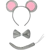 HEYFIZZ 3 Pcs Mouse Ears Headband Costume Accessories Set,Grey Pink Rat Ears Headband/Bow Tie/Tail for Kids