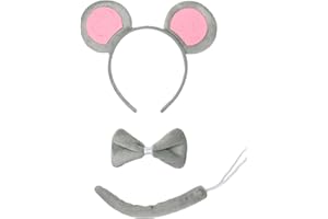 HEYFIZZ 3 Pcs Mouse Ears Headband Costume Accessories Set,Grey Pink Rat Ears Headband/Bow Tie/Tail for Kids