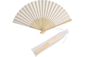 SL crafts 50pcs Paper Hand Fan with Organza Bags Bamboo Handheld Folding Fans DIY Decorative Wedding Party Favors (Cream)