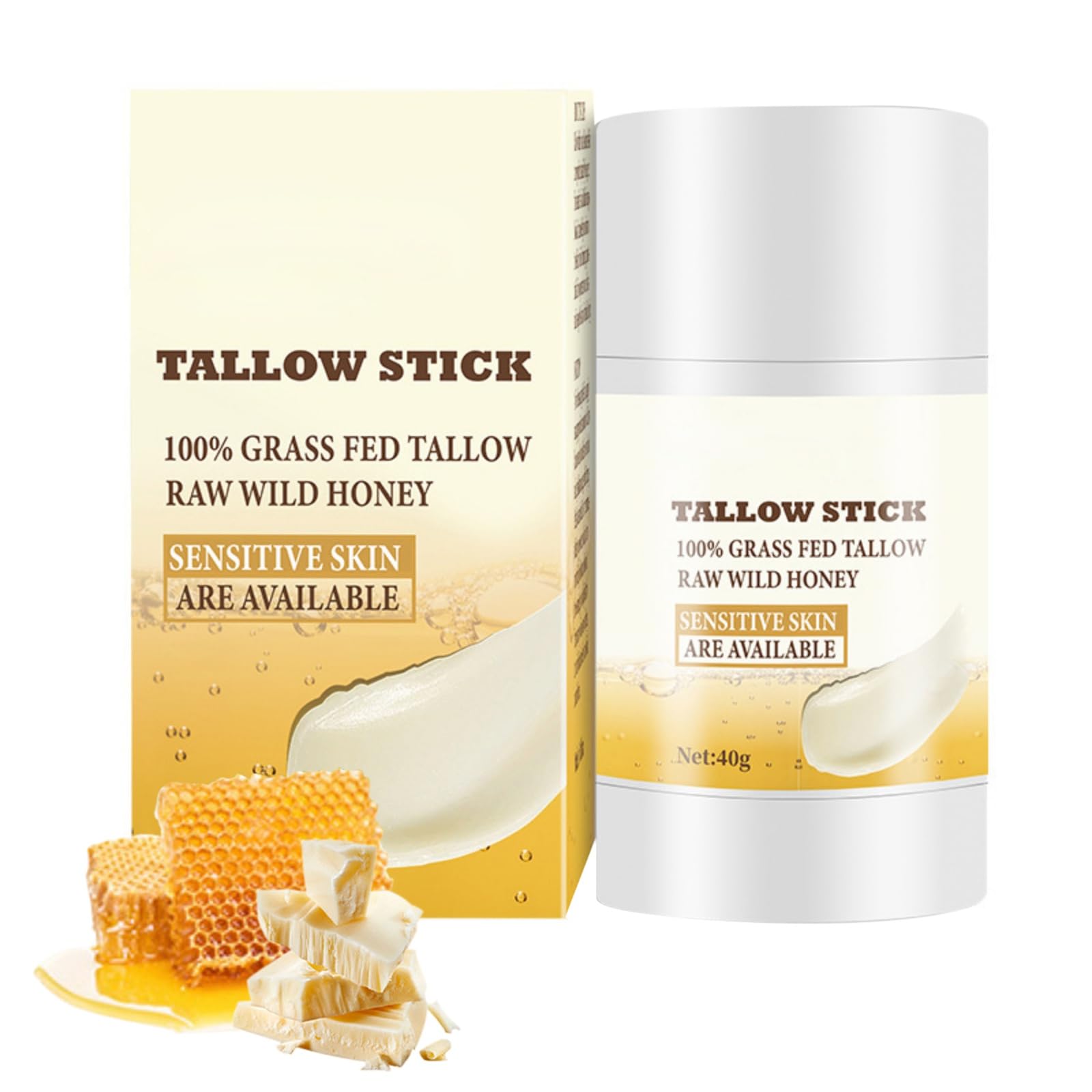 Weixinbuy Beef Tallow Skin Care Organic, Natural Grass Fed Beef Tallow Honey Stick Tallow Honey Balm Easy To Use, Beef Tallow Moisturiser Smooth Dry Skin for Body Face Care (Tallow Honey Stick, 40g)