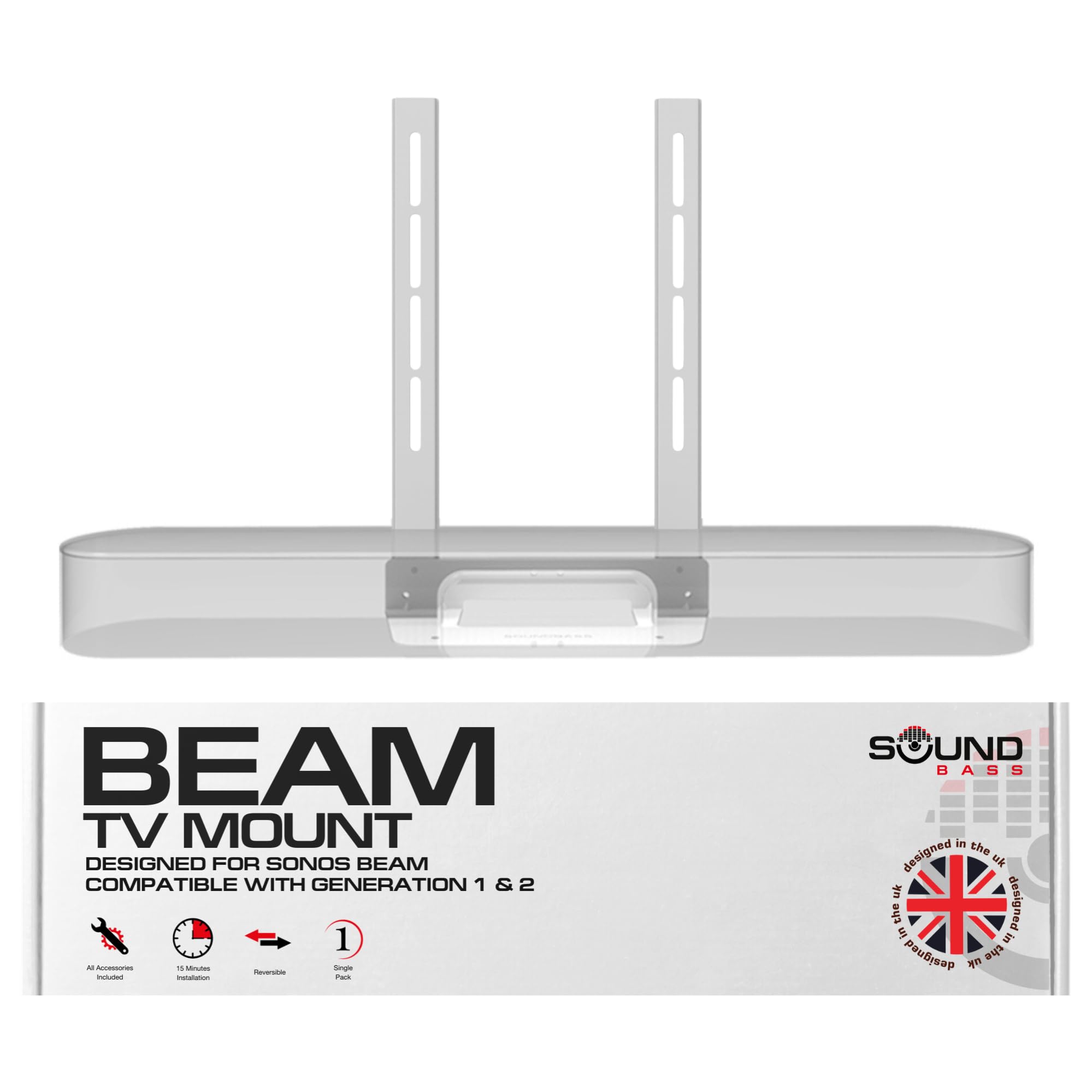 Sound Bass Beam TV Mount, Compatible with Generation 1 & 2 Sonos Beam Soundbar, Mounting Bracket for TV, White, Full Hardware Kit Included