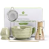 Matcha Set, Japanese Tea Set Includes Matcha Bowl with Spout, Matcha Whisk Holder, Bamboo Matcha Whisk and Bamboo Scoop, 17 oz Mottled Green Glaze Ceramic Matcha Kit for Tea Lovers