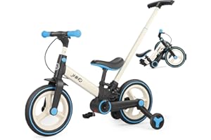 JMMD 6 in 1 Toddler Bike with Push Handle for Kids 18-60 Months, 12" Foldable Balance Bike with Training Wheels, Pedals, Brakes, Kickstand, Push Tricycle Toddler Gift & Toys for Boy & Girl