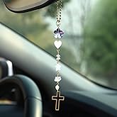 Pyotivol Car Rear View Mirror Accessories Car Hanging Ornament,Christian Cross Unique Rearview Decor Charm Rose Quartz Crystal Beads Cross Swinging Interior Decor,Christian Gifts for Women Men