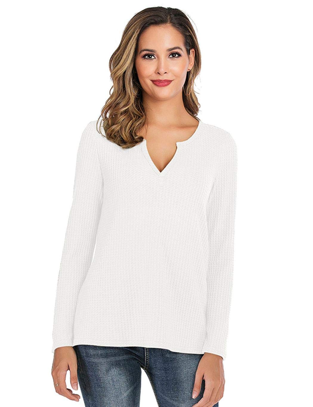 XioNiu Women Casual Long Sleeve Solid T-Shirt Autumn Winter V-Neck Loose Tops Knits & Tees White