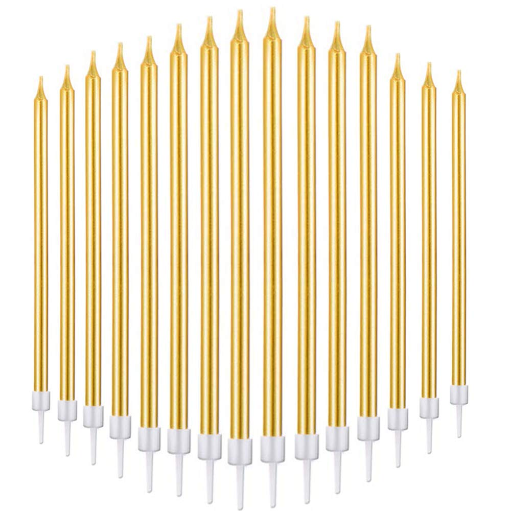 Bwealthest Birthday Cake Candles in Holders Long Thin Birthday Candles Cupcake Candles Wedding Party Cake Decorations (Gold, 24Pieces)