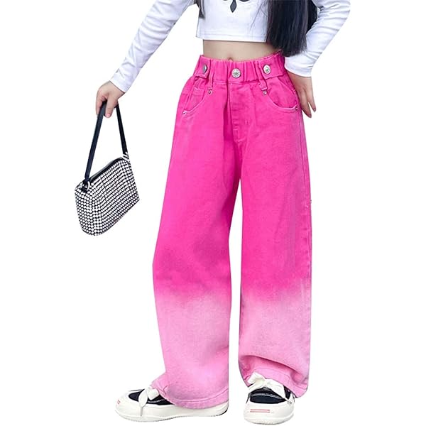 Amazon.com: Kiench Girls Jeans Elastic Wasit Wide Leg Baggy