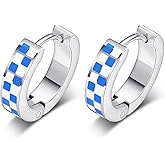 Checkered Small Hoop Earrings for Women,18K Gold Plated Stainless Steel Blue White Design,Hypoallergenic and Lightweight for Sensitive Ears,Polished Enamel Everyday Jewelry Gift