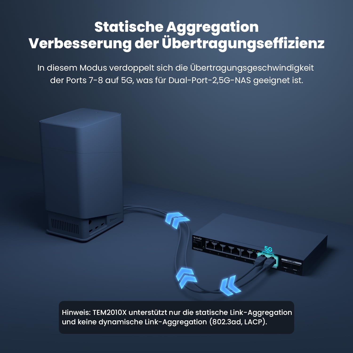 Tenda 2.5 Gbit Switch mit 8X 2.5G Ports & 2X 10G SFP+ Ports (VLAN, Statische Aggregation, Lüfterlos, Plug & Play, Desktop-/Wandmontage, Unmanaged, Metallgehäuse) (TEM2010X) 6