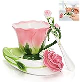 Cididu Pink Tea Cups with Saucer and Spoon, 4.5 Oz Small Ceramic Rose Flower Tea Cup Set for Women, Hand Crafted Vintage Coffee Latte Mug, Fancy Teaware for Valentine, Mother's Day, Birthday Gift