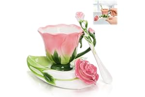 Cididu Pink Tea Cups with Saucer and Spoon, 4.5 Oz Small Ceramic Rose Flower Tea Cup Set for Women, Hand Crafted Vintage Coff