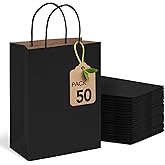 MESHA 8x4.25x10.5 Inch Black Kraft Paper Gift Bags with Handles, 50 Pack Recycled Reusable Shopping Bags Bulk for Craft Wedding Party Favors Retail Grocery Birthday Business