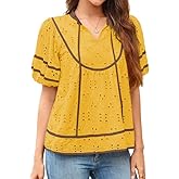 Falechay Women Blouses V Neck Puff Short Sleeve Womens Summer Tops Eyelet Embroidered Clothes Trendy Causal Babydoll Shirts