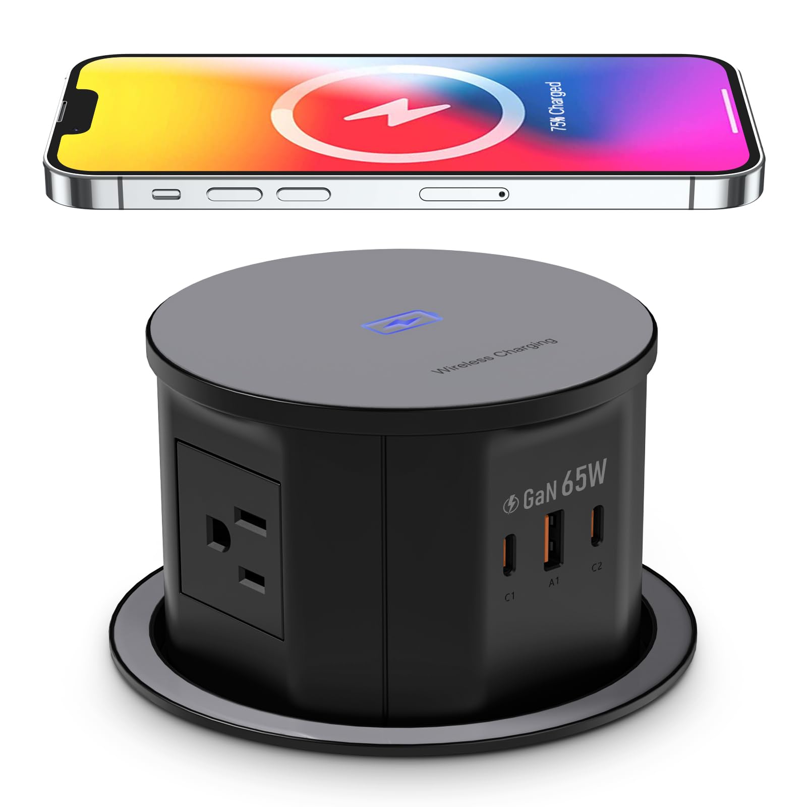 Photo 1 of Pop up Outlet for Countertop with 15W Wireless Charger,65W USB C Charging Station,4 Outlets,2 USB C,USB A,Tamper Resistant Receptacle,4.7'' Hole Power Grommet,Office Power Supply,Black