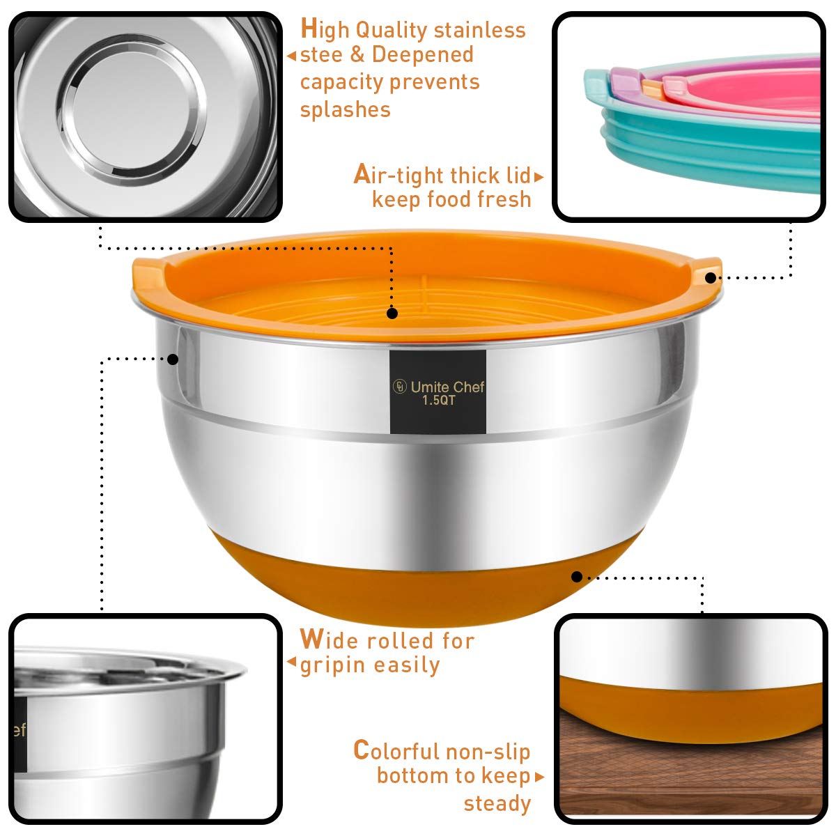 Umite Chef Mixing Bowls with Airtight Lid, 6 Piece Stainless Steel Metal Bowls
