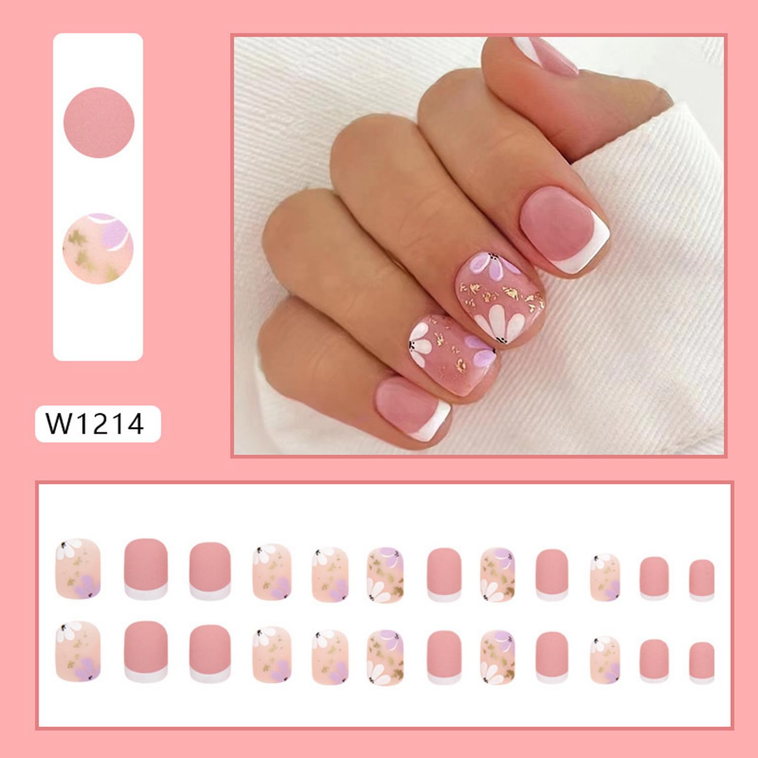 French Tip Press on Nails Short Petite Fake Nails Square Matte False Nails with Flower Designs Acrylic Nails Cute Extra Short Pink Glue on Nails Reusable Artificial Stick on Nails for Women Girls - Image 5
