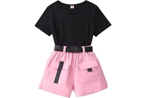 FERWANG Kids Little Girls 2pcs Short-sleeve Tee and Dual Pocket Design Belted Shorts Set for 4-12 Years