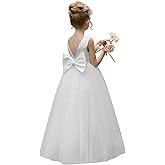 GETCUTE Flower Girl Dress Satin Tulle Crew Neck Girl's Elegant Pearls Wedding Party Dresses Long with Bowknot