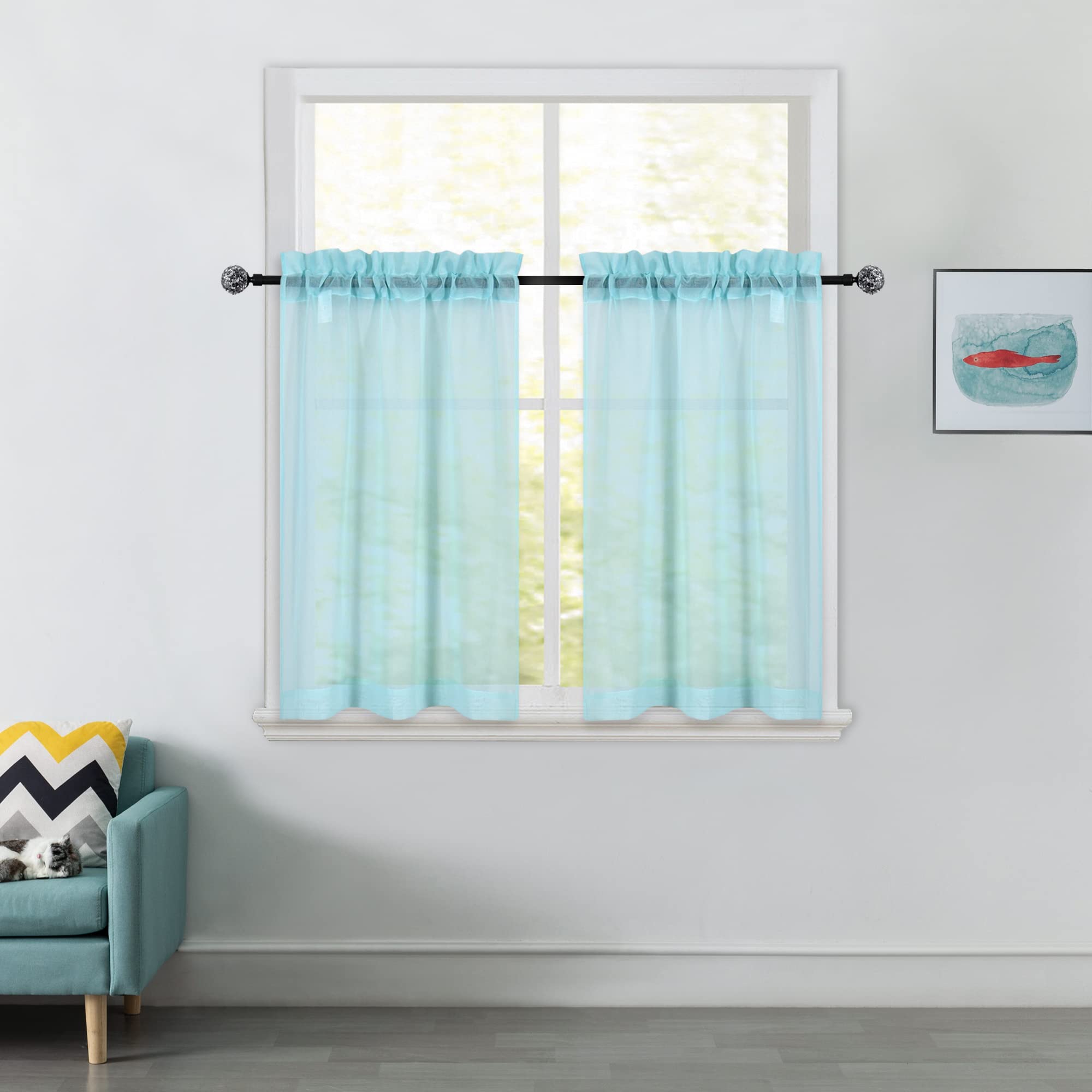 Aqua Short Tier Curtains - 36 Inch Length, Semi Sheer Linen Like Privacy Drapes for Basement, Bathroom, Small Windows - 34X36 Light Blue