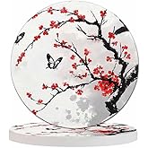Pznen Cherry Branch Drink Coasters Modern Foliage Butterfly China Classic Blossoming Oriental Ink Culture Housewarming Presentss for New Home Present for Friends,2 Pcs,4 X 4 X 0.35 Inches