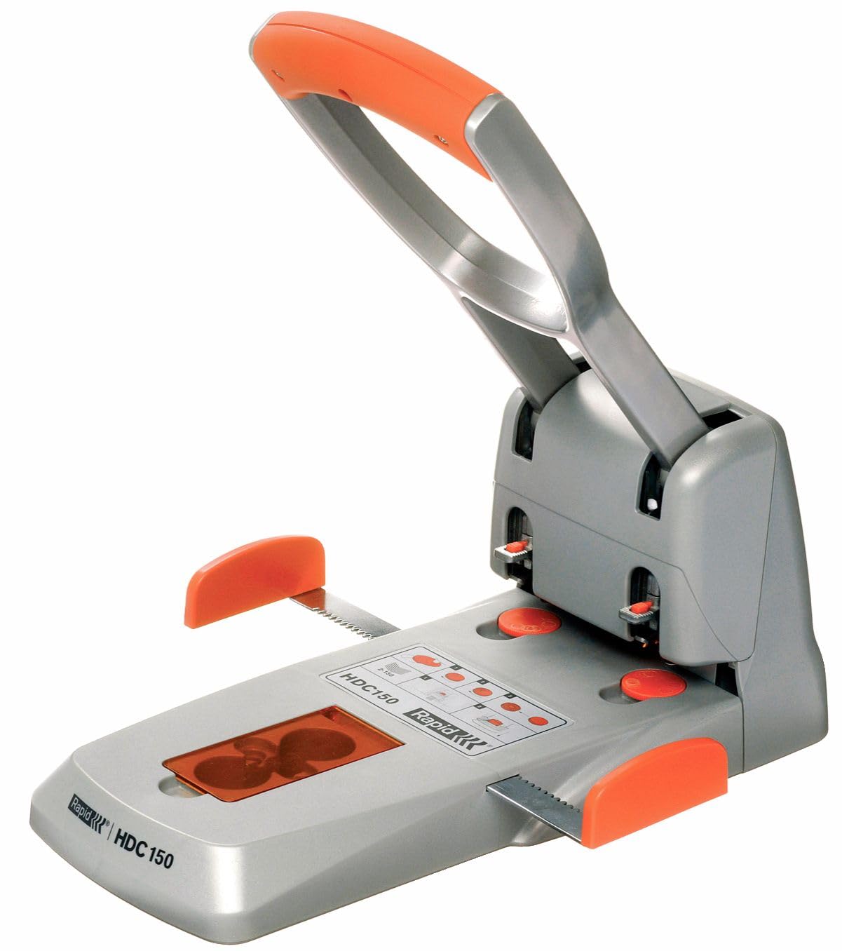 Rapid Supreme HDC150 Heavy Duty 2 Hole Punch, Punches up to 150 Sheets, Adjustable Guide Bar, Ergonomic Handle, Silver/Orange, 23000600