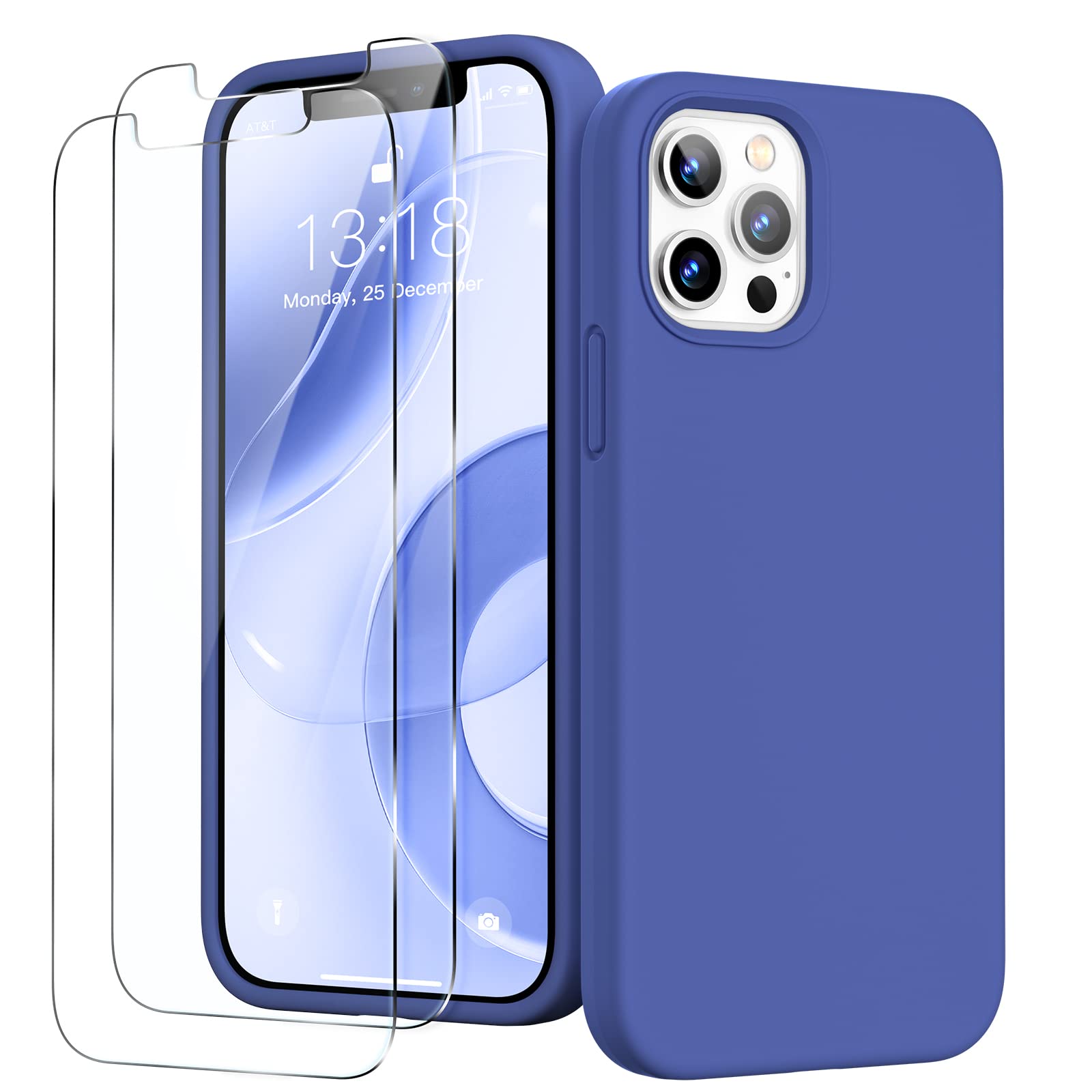 GOODVISH 3 in 1 for iPhone 12 Pro Max Case Liquid Silicone with 2x Screen Protector, Anti-Scratch Full covered Microfiber Lining Shockproof Protective Slim Phone Case Cover 6.7", Porcelain Blue — image 1