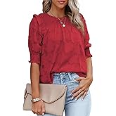 Dokotoo Womens Blouses Half Sleeve Shirred Tops Crewneck Lace Textured Flowy Casual Shirts