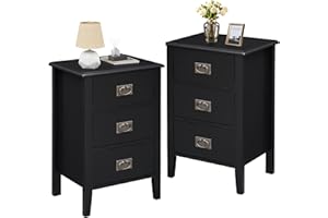 VECELO Nightstands Set of 2, Side End Table with 3 Drawers for Bedroom, Living Room Sofa Bedside, Vintage Accent Furniture Small Space Storage Cabinet, Solid Wood Legs