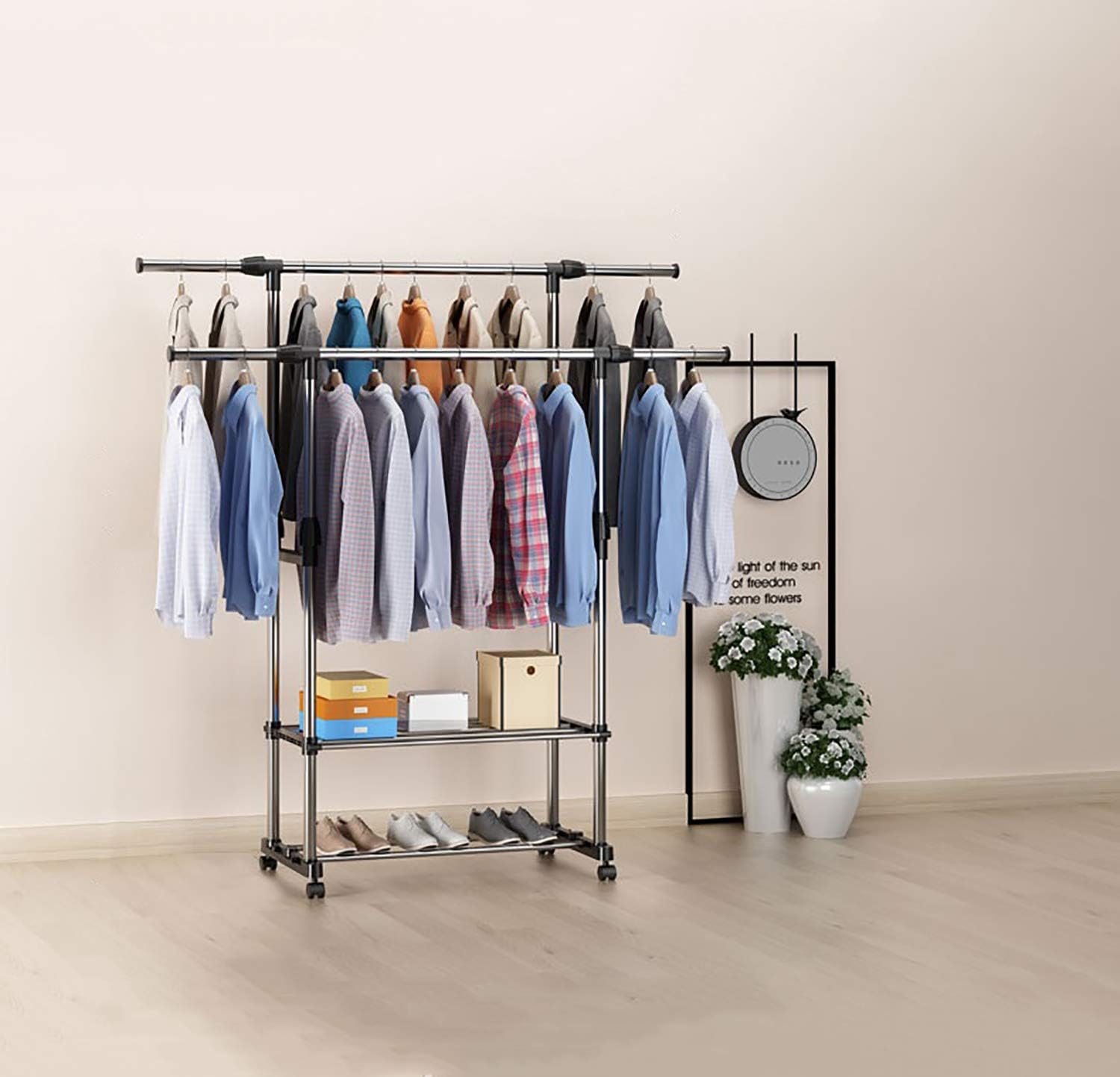 Dporticus Double Rod Garment Rack with Wheels, Adjustable